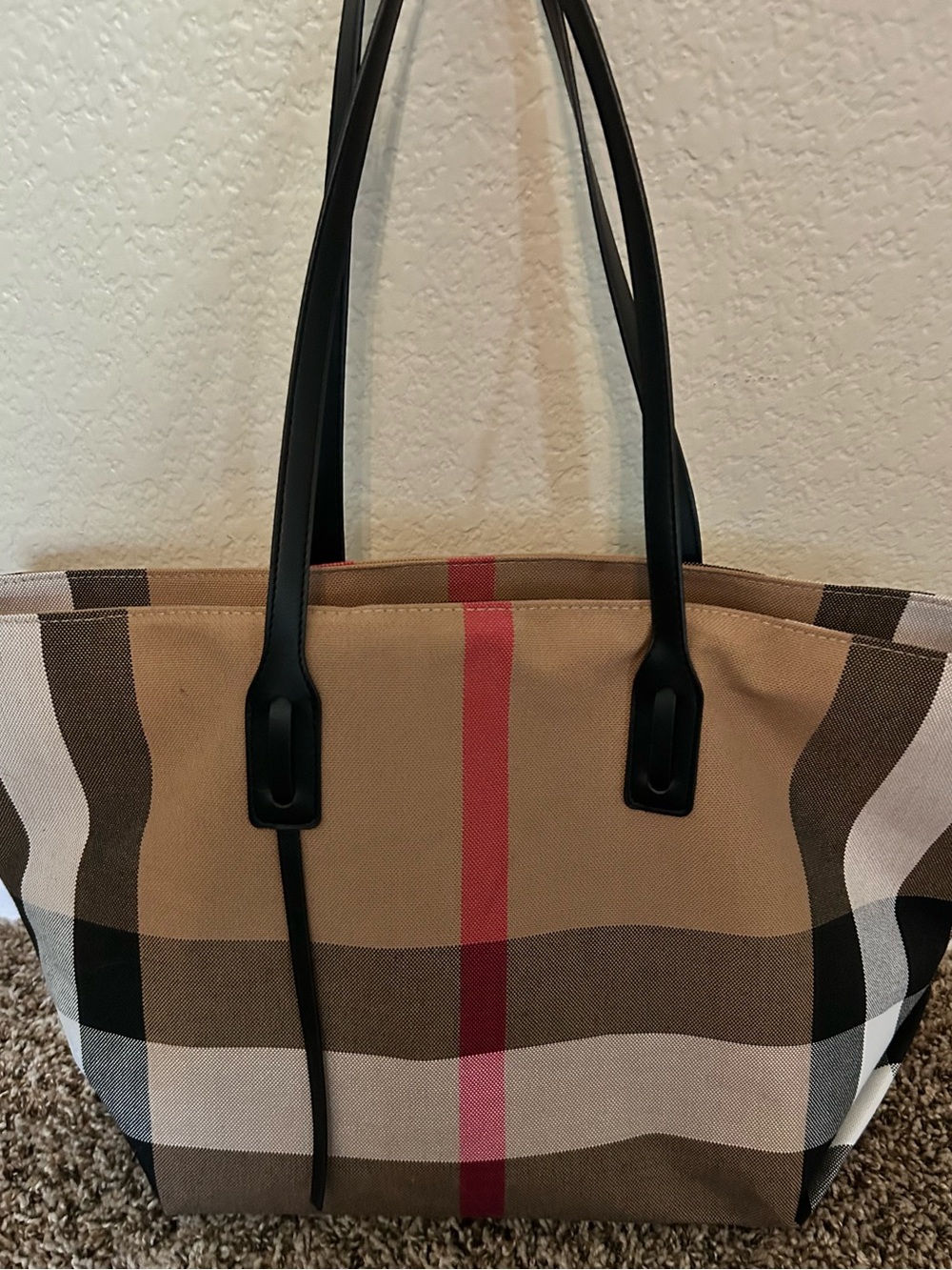Nova Print Tan Plaid Tote with Black Straps and Red Accent